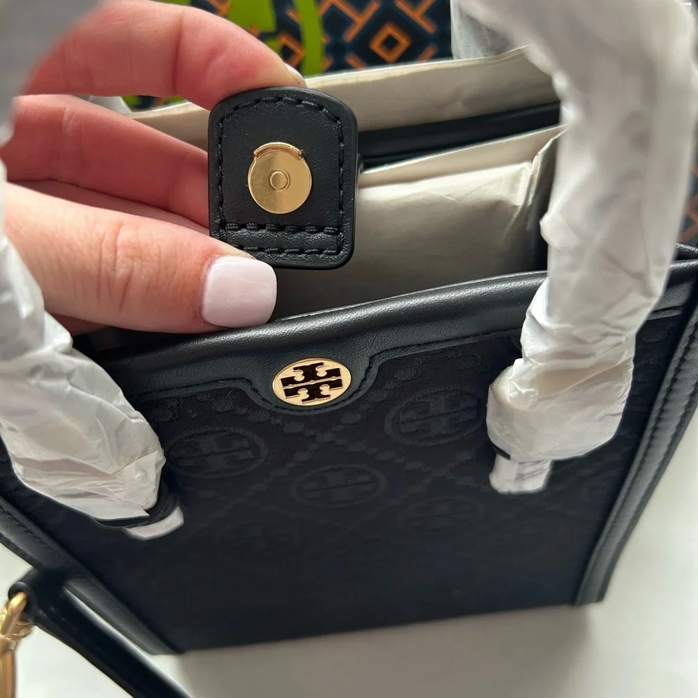Tory Burch T Monogram Mini Tote Bag Crossbody Bag Black Jacquard